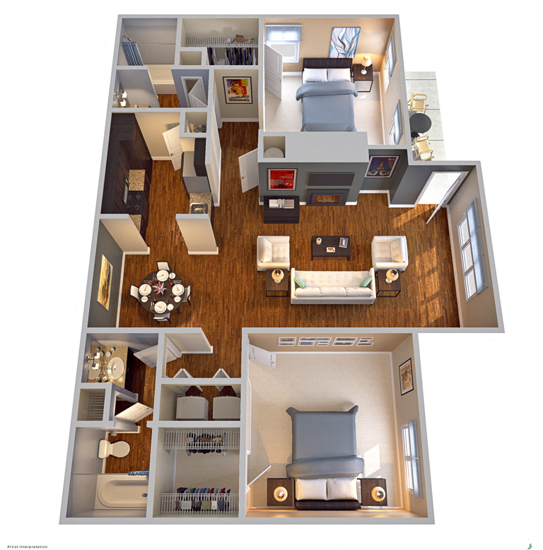 Floor plan for 2 beds, 2 baths, 1123 sqft